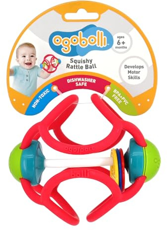 OgoBolli Teether Ring Tactile Sensory Ball and Baby Rattle Toy for Babies & Toddlers - Stretchy, Squishy, Soft, Non-Toxic Silicone - Boys and Girls Age 6+ Months - Red