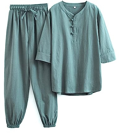 QPZK Cotton Linen Tai Chi Uniform Women Martial Art Set Tang Suit Short Sleeve Pants, Chinese Traditional Clothing Kung Fu Clothes Zen Meditation Uniform Breathable Tops green-3XL