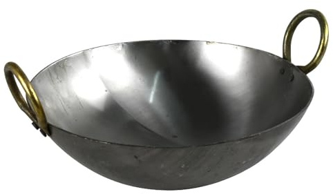 RDK Heavy Duty Natural Iron Karahi Kadai Kadhai Iron Wok Balti Dish Deep Frying with Handles Round Base (14 Inches)