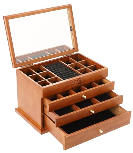 KAUITOPU 4 Ebenen Schmuckkästchen, Holz Schmuckaufbewahrung mit 3 Schubladen 1 Spiegel Mehrere Fächer für Ringe Ohrringe Halsketten Uhren