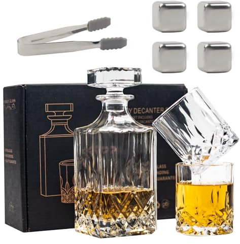 Ensemble carafe à whisky et verres à whisky, carafe à décanter en cristal, carafe à whisky classique, coffret cadeau à whisky pour homme, avec 4 pierres à whisky, 1 pince, 2 verres à whisky