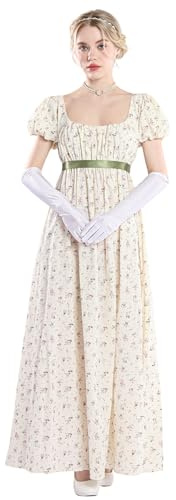 FCCAM Vestido largo de baile estilo imperio vintage y victoriano, inspirado en Jane Austen en la época de la regencia inglesa, con guantes incluidos, para mujer, L