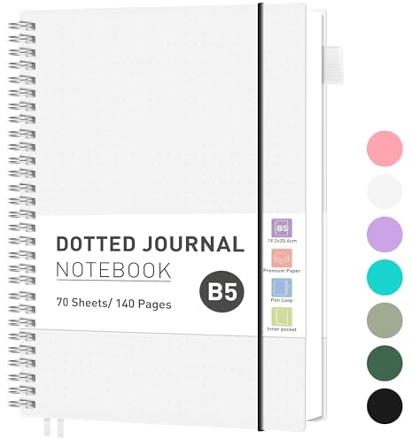 RETTACY Anteckningsbok B5-prickig, bullet journal, lätt collegeblock, 140 ark/70 sidor att skriva, 100 gsm, PVC-bok, för kvinnor och män arbete kontor, 19,3 x 25,4 cm – transparent