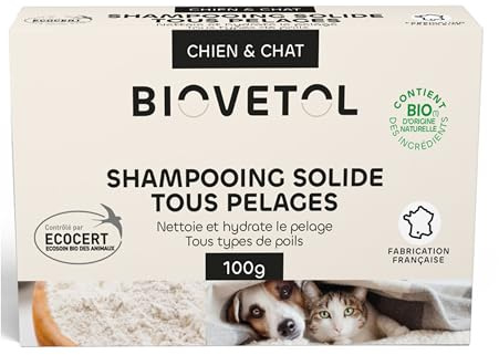 Biovetol - Shampooing Solide Tous pelages Chat et Chien Bio - Certifiée Ecocert - Equivaut à 3x240ml - conçu et fabriqué en France - 100 G