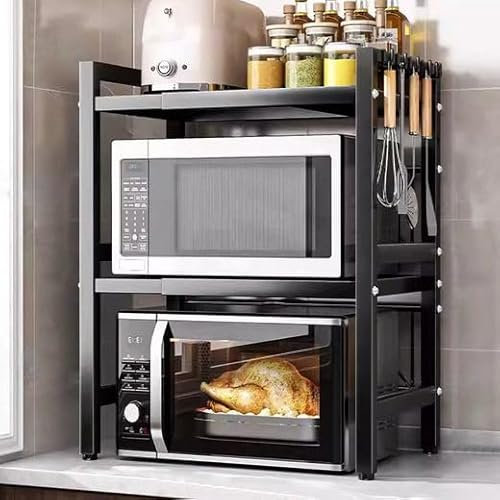 YENTAKE Küchenregal(3-stufig) - Ausziehbarer Mikrowellenständer mit 6 Haken, 40-64cm Mikrowellen Regal,Quadratische Röhre Gewürzregal, Höhenverstellbare Mikrowellenhalterung,Organizer (Schwarz)