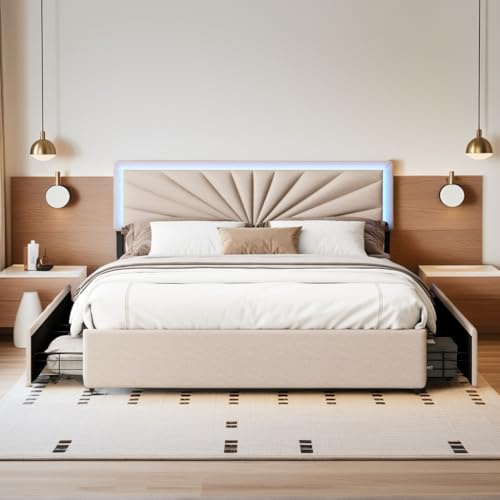 YYXLDYNB Dubbel vadderad säng, 160 x 200 cm, dubbel sängram med LED-belysning, säng för 2 personer med 4 förvaringslådor, LED-belysning, ribbotten, utan madrass, beige
