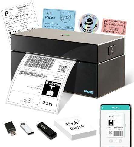 ORGBRO Bluetooth Etikettendrucker Z1 Plus DHL Thermodrucker Etikettiergerät 4x6 Versandetiketten Drucker Labeldrucker für Barcode, Adresse, Kompatibel mit Amazon, Etsy, Shopify, Schwarz