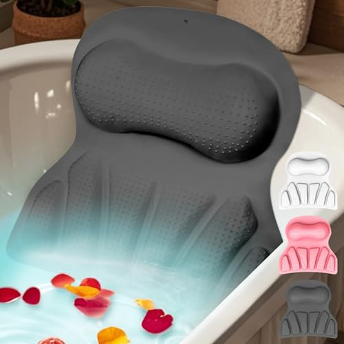 Badewannenkissen, 4D Badekissen für die Badewanne mit 35 leistungsstarken Saugnäpfen, Ergonomisches Luxus-Badewannenkissen Stützt Kopf, Nacken, Schultern, Rücken, passend für alle Badewannen Grau