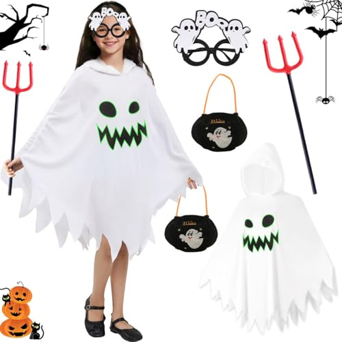 Déguisement Halloween Fantôme Enfant, Costume de Fantôme Blanc pour Enfants, Cape Fantôme Blanche avec Sac à main fantôme, Fourchette du Diable et Lunettes Fantômes pour HalloweenCarnavalCosplay