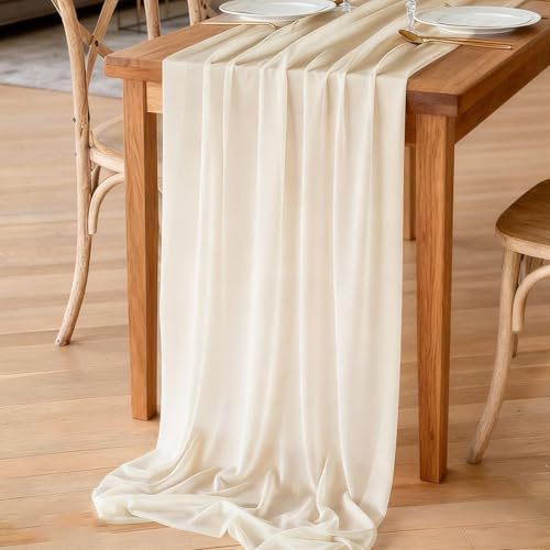 Xyvor Camino de Mesa de Gasa Beige Moderno, 70 x 300 cm Camino de Mesa Beige, Lavable Chiffon Table Runner, Caminos de Mesas Gasa para Decorar Boda, Vacaciones, Cumpleaños, Comuniones, Fiestas
