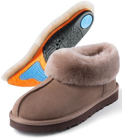 Mel&Syd Sheepskin Slippers Womens with Arch Support: 100% Australian Shearling Lining & GEL Plantar Fasciitis Insoles - Thermal Winter Moccasin Boots for Men,Moms Nurses Indoor Outdoor - Oak Brown 10