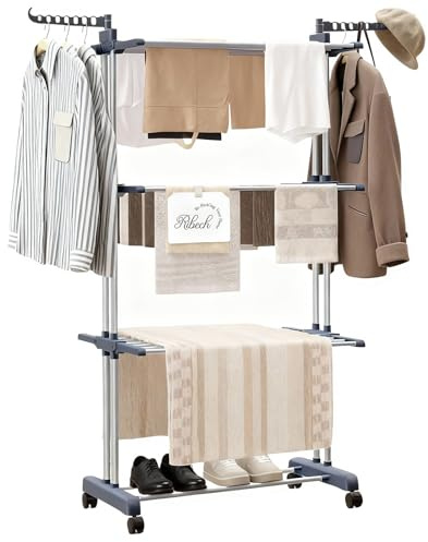 Ribech Tendero Plegable 4 Niveles de Acero Inoxidable con 6 Alas | Secador de Ropa Torre con Ruedas | 76x50x172 cm | Ahorra Espacio para Balcón Baño & Interior | Gris