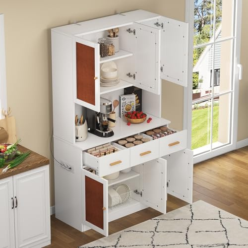 VIVCA Armadio da cucina a buffet, 182 cm, alto da cucina con illuminazione a LED e presa, bianco con ante in tessuto e manici in legno massiccio, spazio per microonde, macchina da caffè e stoviglie