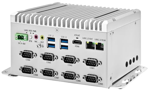 Glovary Fanless Mini PC i5 8265U (4C8T, up to 3.9GHz), 2 x LAN (i210+i219-LM) Linux Industrial Computer Din Rail, Barebone, 8 x RS232 COM, 4K HD, 4USB3.2, 9-36V Auto Power on