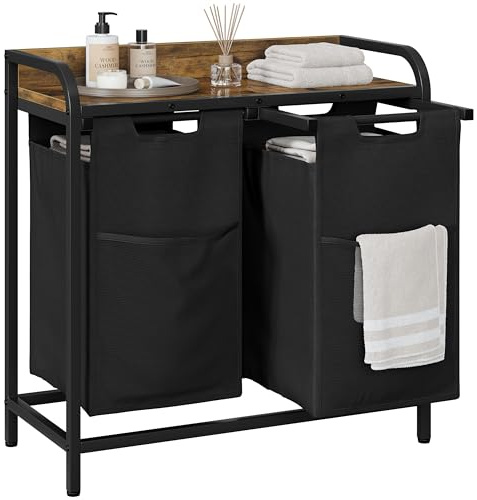 Yaheetech Laundry Basket, 2 Compartments Laundry Hamper with Shelf and Pull-out Removable Bags, Clothes Sorter, Metal Frame, 2 x 46 L Rustic Brown 92L