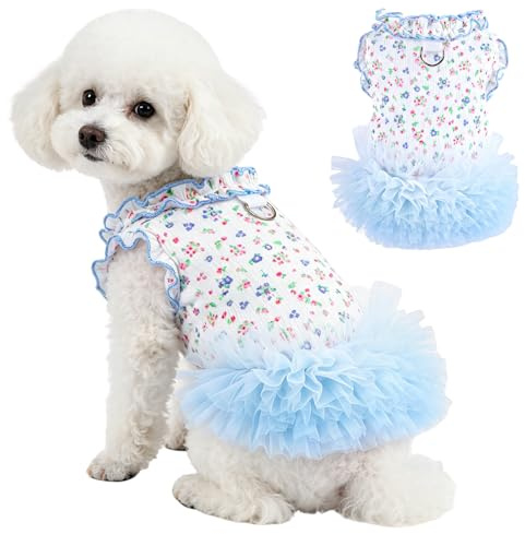 Yoolhamy Vestido Floral Tul para Perros y Gatos pequeños Ropa Verano Estilo Princesa Cachorros Falda tutú Malla Volantes y Anilla en D Ideal para Razas como Teddy Bichón y Chihuahua (Azul, Small)