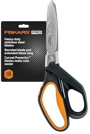 Fiskars PowerArc 8 Shop Shears, Heavy Duty Serrated Stainless Steel Scissors with Comfort Grip, Hardware Tool for Construction, Cut Materials like Insulation, Duct Tape, Cardboard, Rope and Tyvek