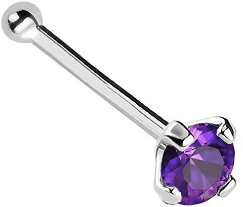 Jewelry Avalanche 22G Solid 14Kt Gold Nose Bone Stud with Prong Set real Amethyst Gemstone, 14kt Yellow Gold or 14kt White Gold - February Birthstone Nose Ring-NBWG_AMT-2.5MM