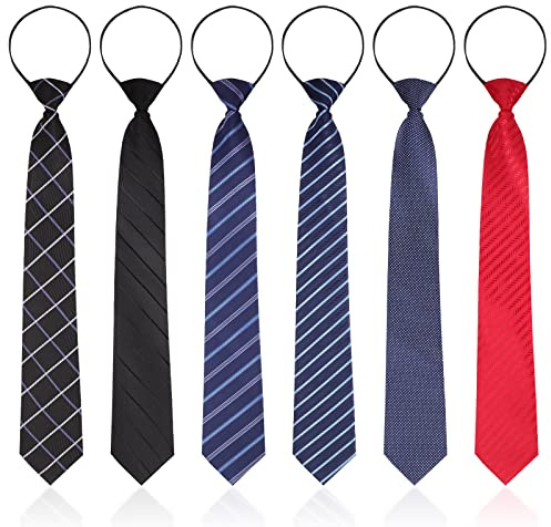 Geyoga 6 Pcs Zipper Ties for Boys Pre Tied Necktie Silky Skinny Ties for Men Long Striped Plaid Tie Novelty Neckties for Business Wedding (Classic Color)
