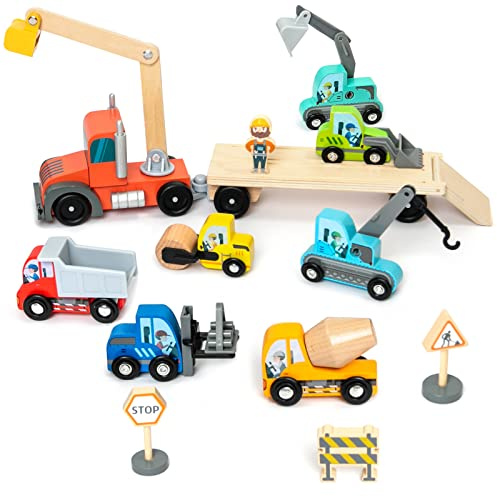 Wooden Construction Site Vehicles with Trailer 14 PCS Set, Vehicle Toys Cars for Toddlers and Kids Ages 3+ Gifts for Boys Girls, Compatible with Thomas and Other Major Brand Train Toy and Railway Set