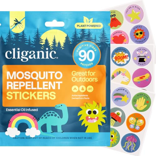 Cliganic Mosquito Repellent Stickers (90 Pack) - Positive Vibes Patches for Kids, Natural DEET-Free, Essential Oil Infused
