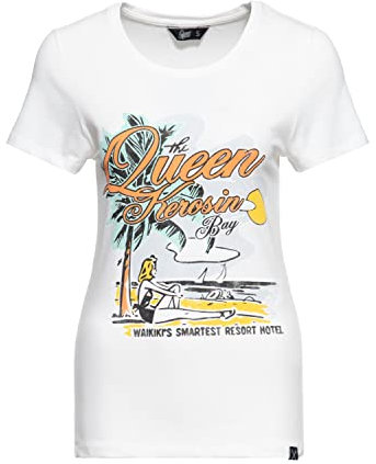 Queen Kerosin Damen Print T-Shirt Vintage Shirt Slim Fit Frontprint Kurzarm Retro Hawaii Waikiki Pin-Up 50S Queens Bay