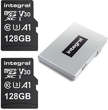 Integral Confezione da 2 schede Micro SD da 128 GB, scheda di memoria video ad alta velocità SDXC fino a 100 MB s velocità di lettura e 50 MB s velocità di scrittura V30 C10 U3 UHS-I A1