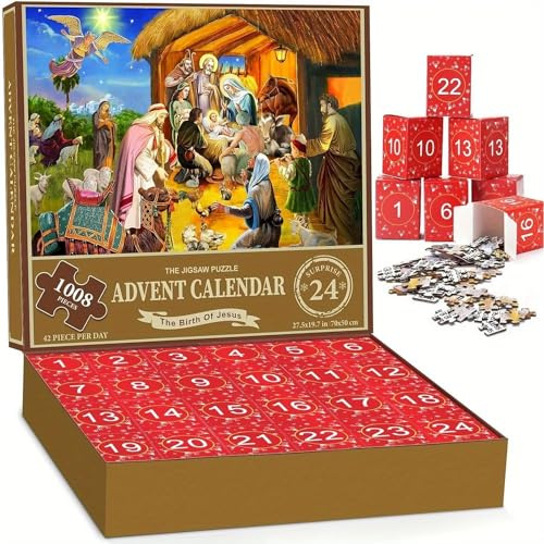 Julkalender pussel för vuxna, 24 dagar jul nedräkningskalender, jul nedräkningskalender 2023, jul jultomte pussel 1008 bitar för heminredning - premium familjespel (E)