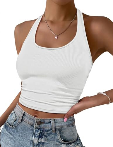 Ekouaer Tank Top Sommer Karneval Neckholder Top Damen Crop Tops Rückenfrei Oberteil Tank Top Slim Fit, Weiß S