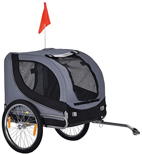 PawHut Remolque Mediano para Bicicleta de Perro con Ventanas Laterales y Bandera, Remolque para Bicicleta de Acero y Tela Oxford, 130x73x90 cm, Gris y Negro
