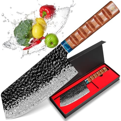 Coltello da Cucina Damascus, Coltello da Chef 16.6cm, 67 Strati Acciaio Damascus Modello Martello Superficie, Coltello Nakiri con Manico in Legno Pakka, Confezione Regalo