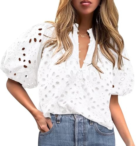 Blusas con ojales para mujer, tops de verano 2025, blusas con manga abombada y ojales, blusas con cuello en V, botones, encaje con recorte y camisas bordadas, Blanco, XL
