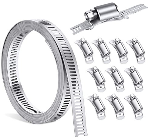 Jayzuum Schlauchschellen Edelstahl, DIY Schellen Schlauchklemmen Rohrschlauch, 3 m Einstellbar Band mit 10 Stücke Befestigung für Tank/Haus Gasrohr/Wasser Rohr/Kühler/großes Rohr (3 m + 10 Stücke)