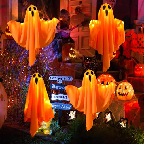 Halloween Ghost Decorations, CNMTCCO 4 Pack Hanging Ghost Decorations with LED Lights, Hanging Decorations for Party Patio Door Window Tree Porch Home Lawn Wal (4 Pack Orange Ghost)