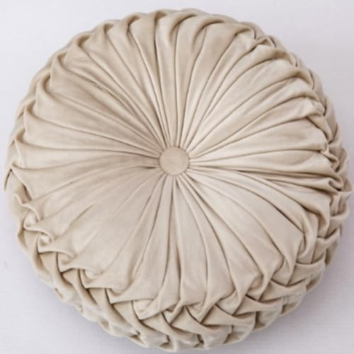 OUKEYI Cuscino rotondo in velluto a pieghe, 35 cm, colore puro, a forma di zucca, adatto per casa, letto, auto, decorazione (beige)