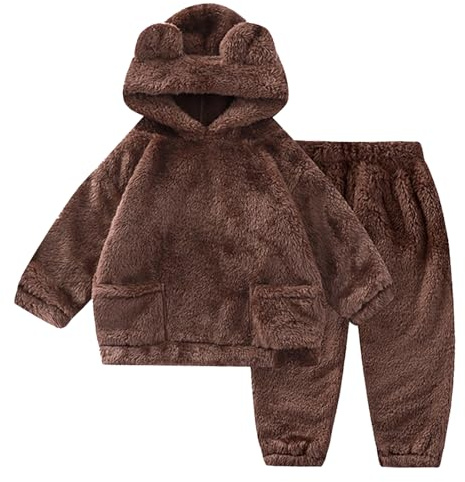 JiAmy Baby Toddlers Fleece Sweatshirt Set Hooded Winter Warm Tracksuit Outfit Tops And Pants Sets Infant Pullover Soft Cute Solid Two Piece Clothes Girls Boys Brown 2 Years-3 Years