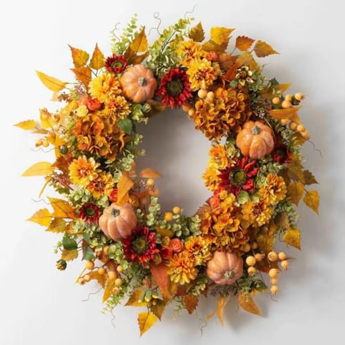 Fall Wreath for Front Door, 45CM Autumn Wreath with Maple Leaf, Pumpkin, Sunflowers and Pine Cone, Autumn Door Wreath for Thanksgiving Halloween Farmhouse Decor, Home Harvest Wreath