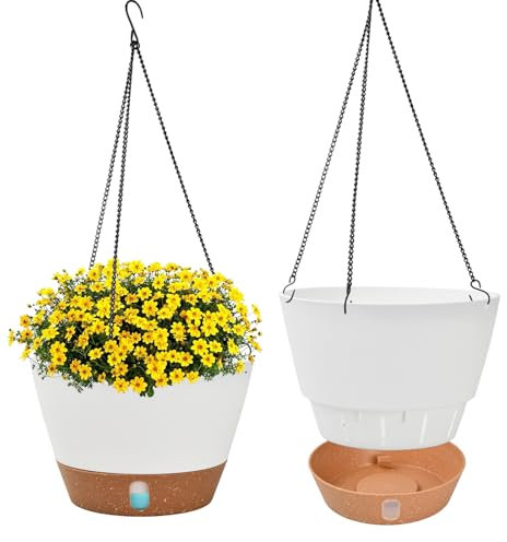 Dokeno 2 Pots de Fleurs Suspendus, 25cm avec Trous de Drainage et Soucoupe Amovible, Jardinières Suspendues Intérieur Extérieur, Chaîne 43cm, Idéal Plantes Cactus Pétunias Pothos Jardin Balcon