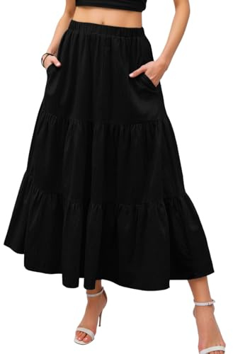 Neteson Falda de Mujer Larga Elegante Maxi Falda Midi Plisada Verano de Cintura Alta Elástica con Bolsillos Línea A para Vacaciones Playa Informal Holgada