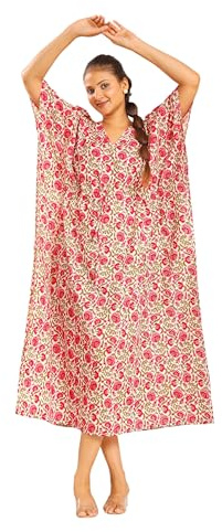 Magiska sängkläder 100 % mjuk bomull kaftan nattlinne för kvinnor, bekväma långa nattkläder, V-ringad, fri storlek myskläder ren bomull kvinnor kaftan klänning etniskt tryck rosa