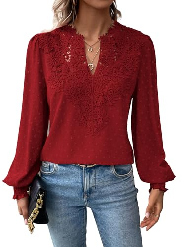 TUUHAW Tee Shirt Manche Longue Femme Chemisier Femme Chic et Élégant Automne Bohème Col en V Tunique Fluide à Point T-Shirts Suisse Chemise Volants Décontracté Blouses Loose Hauts Rouge XL