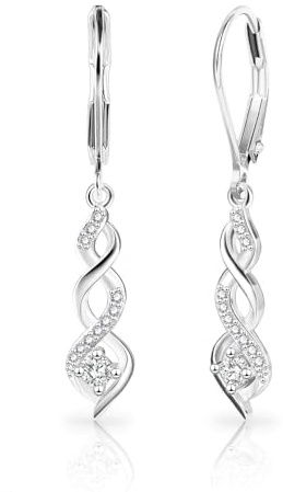 Långa örhängen silver dam, 925 sterlingsilver kristall örhängen, hängande örhängen Infinity med gnistrande zirkon, Leverback örhänge för kvinnor, modesmycke present