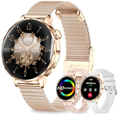 fitonyo Montre Connectée Femme avec Appel Bluetooth,3 Bracelets,1.27 écran 3D incurvé,Smartwatch Femme avec Fréquence/Pas/Calories/Tension/Sommeil,IP68 120 Sportifs Podomètre pour Android/iOS,Or rose