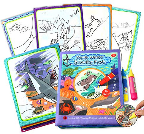 Magic Doodle Books/Aqua Drawing Fabric Books(2.6in x 8.3in),Cloth Water Reusable Wow Doodle Learning Painting Doodle Scribble Pad with Magic Water Pens for Kids(Ocean)