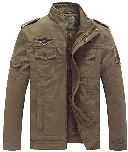 WenVen Abrigo Forro Polar Grueso Chaqueta Estilo Militar Clásica Cazador Cuello Alto Cremallera Frontal Parka Casual Entretiempo Informal Hombre Caqui XX-Large
