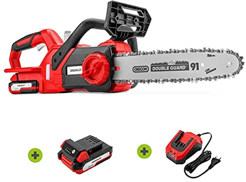GREENCUT GS200L - 20V Lithium-Akku-Kettensäge für 2.0Ah/4.0Ah, 12'' Oregon-Schiene, Schnittgeschwindigkeit bis zu 5m/s, inklusive Schienentasche, 2.0Ah Akku und Ladegerät