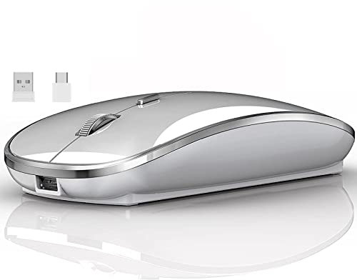 QYFP Kabellose Maus, 2,4 GHz Funkmaus mit USB/USB-C Zwei Empfänger für Laptop/Desktop/PC, Wiederaufladbare Leise Maus Kompatibel mit iPad,MacBook Air/Pro,Mac,Chromebook,Windows,Computer (Silber)