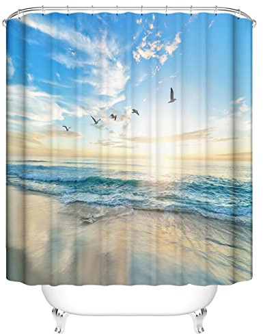 OCEUMACO 3D Strand Motiv Duschvorhang 180x180 Blau Meer Landschaft Shower Curtains Textil Antischimmel Wasserdicht Vögel Sonnenuntergang Duschvorhänge Badewanne Stoff aus Polyester Waschbar