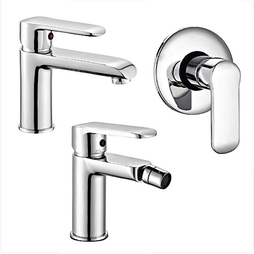 Set miscelatori rubinetteria bagno lavabo bidet e doccia incasso, completo di accessori, in ottone cromato, serie Dalila (Set lavabo bidet doccia incasso)