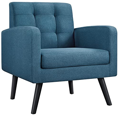 Yaheetech Mid-Century Accent Chairs, Modern Upholstered Living Room Chair, Cozy Armchair Button Tufted Back and Wood Legs for Bedroom/Office/Cafe, Navy Blue